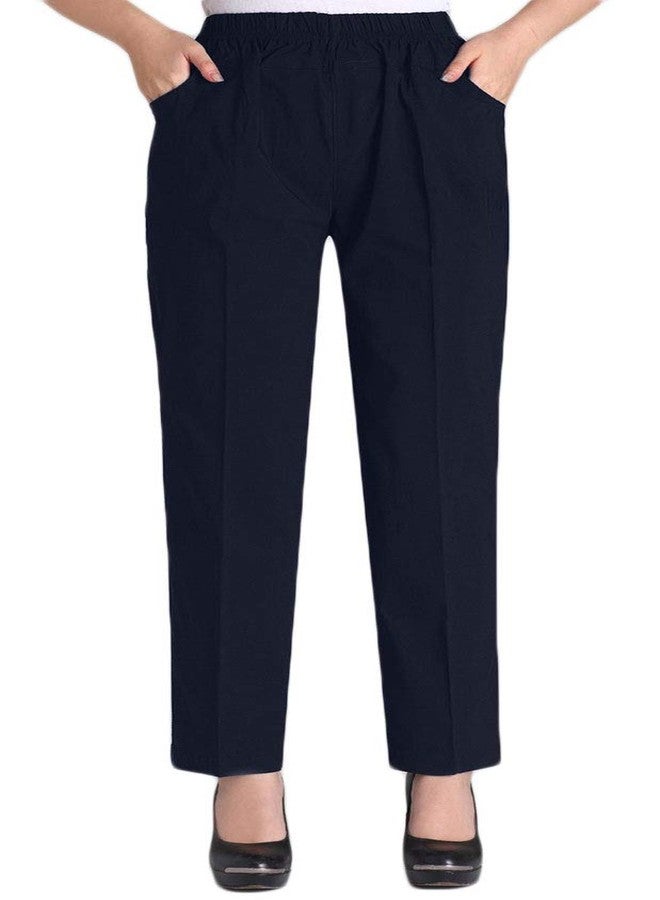 Soojun Womens Summer Elastic Waist Comfy Stretch Pull On Pants, Navy, Medium - Image 1